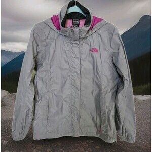 The North Face HyVent Windbreaker/Rain Jacket Woman's M Hooded Shell Gray/Pink